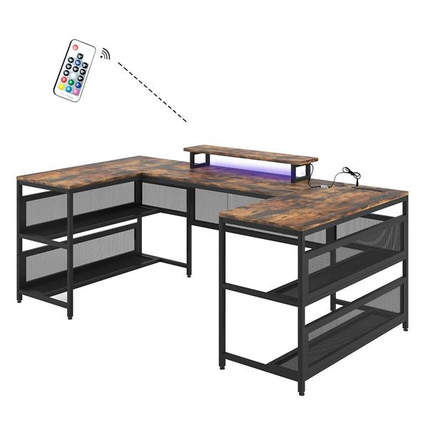 U-shaped Desk with Shelve and LED lights