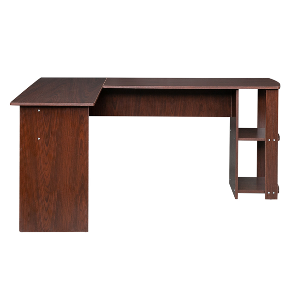 L-Shaped Wood Right-angle Computer Desk with Two-layer Bookshelves Dark Brown