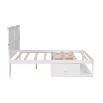 Full Size Platform Bed with Drawer on the Each Side and Shelf on the End of the Bed, White