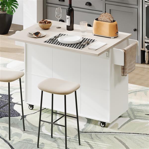 Kitchen Island with Trash Can Storage Cabinet, Kitchen Cart with Drop Leaf, Spice Rack, Towel Rack and Drawer, Rolling Kitchen Island on Wheels with Adjustable Shelf, White