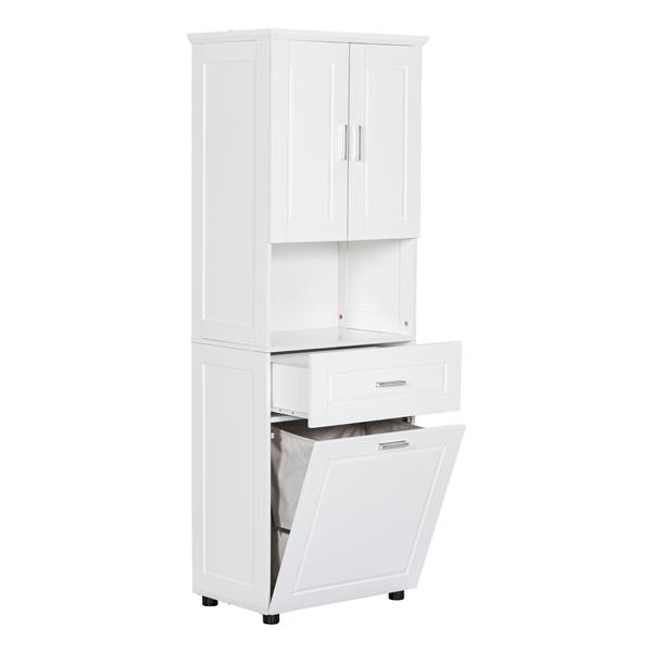 Tall Bathroom Cabinet with Laundry Basket, Large Storage Space Tilt-Out Laundry Hamper and Upper Storage Cabinet, White