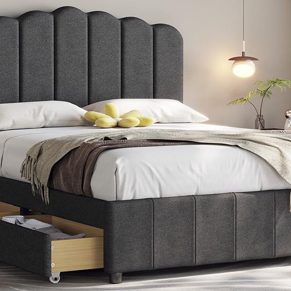 Full Size Upholstered Bed with 4 Storage Drawers,Wood Slat Support, Gray