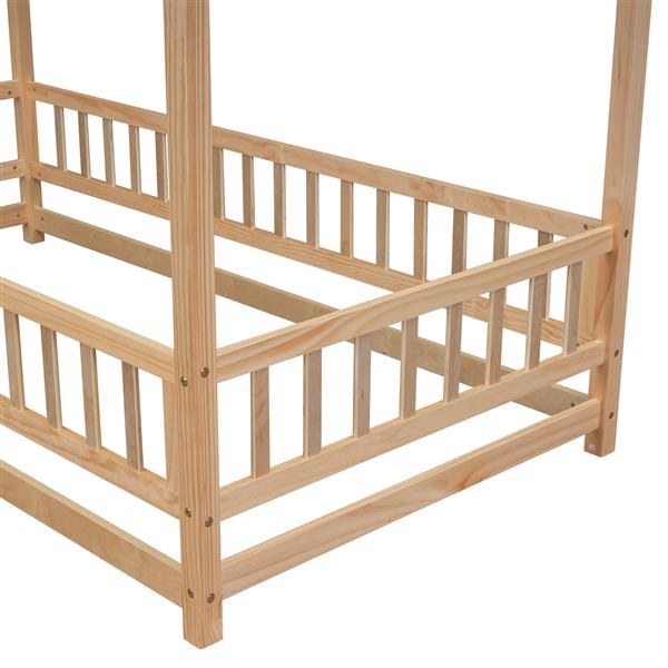 Twin Size Floor Wooden Bed with House Roof Frame, Fence Guardrails,Natural