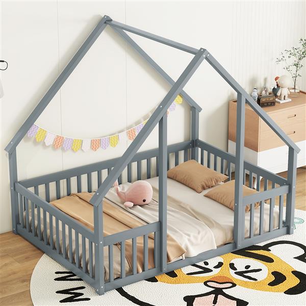 Full Wood House-Shaped Floor Bed with Fence, Guardrails,Grey