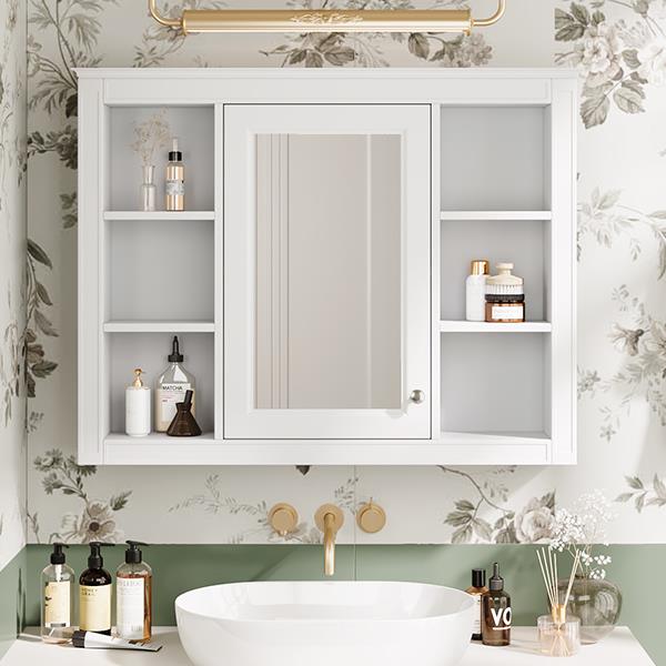 35'' x 27.5'' Medicine Cabinet, Wall Mounted Bathroom Storage Cabinet, Modern Bathroom Wall Cabinet with Mirror, Mirror Cabinet with 6 Open Shelves (Not Include Bathroom Vanity )