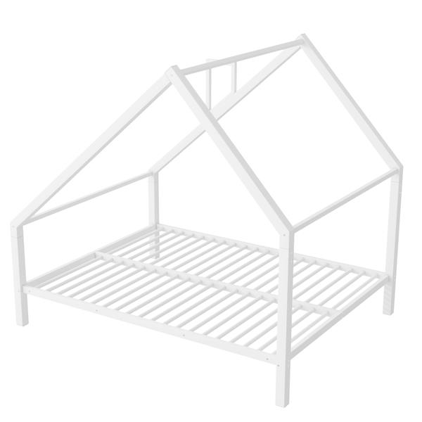 Full Size Metal House Platform Bed with Roof and Chimney, White