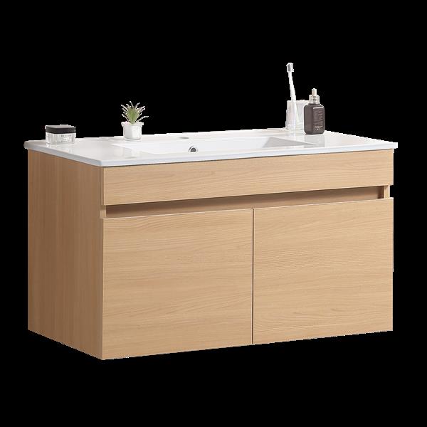 24 Inch Wall Mounted Bathroom Vanity with White Ceramic Basin,Two Soft  Close Cabinet Doors, Solid Wood,Excluding faucets,Light Oak