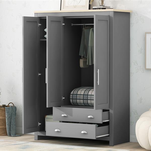 Three Door Storage Wardrobe with Cabinets and Two Hanging Rods,Gray