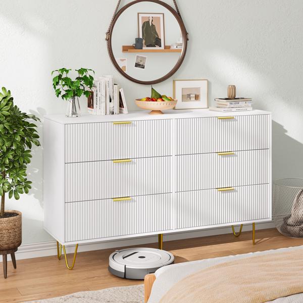 Modern white 6 Drawers for Bedroom,Wooden drawers with Gold Handles, Chest Dresser with Deep Drawers for living room 