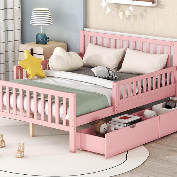 Full Size Wood Platform Bed with Guardrails on Both Sides and Two Storage Drawers ,Pink