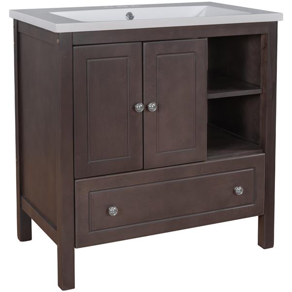 [VIDEO] 30" Bathroom Vanity with Sink, Bathroom Storage Cabinet with Doors and Drawers, Solid Wood Frame, Ceramic Sink, Brown