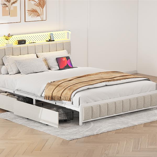 Queen Size Platform Bed with 4 Drawers, Metal Bed Frame with LED Lights and Charging Station, No Box Spring Needed, (Beige),  Noise Free,Easy Assemble.