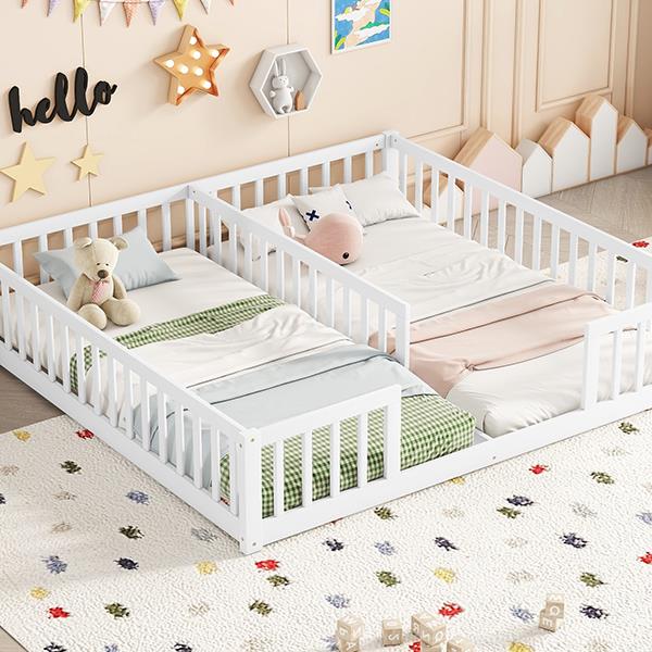 Double Twin Floor Bed with Fence, Guardrails, without door, White