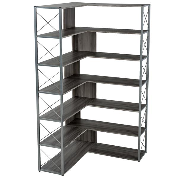 Silver+Grey 7-Tier Bookcase Home Office Bookshelf,  L-Shaped Corner Bookcase with Metal Frame, Industrial Style Shelf with Open Storage, MDF Board