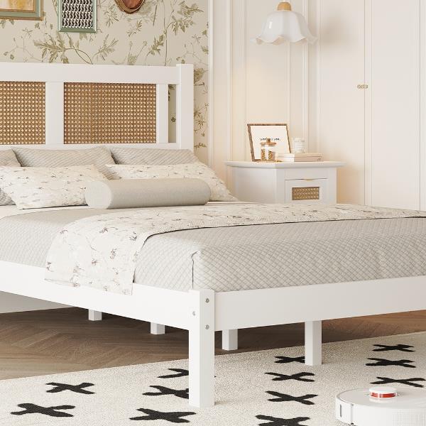 Full Size Wooden Platform Bed with Natural Rattan Headboard, Exquisite Elegance with Minimalist Charm for Bedroom, White