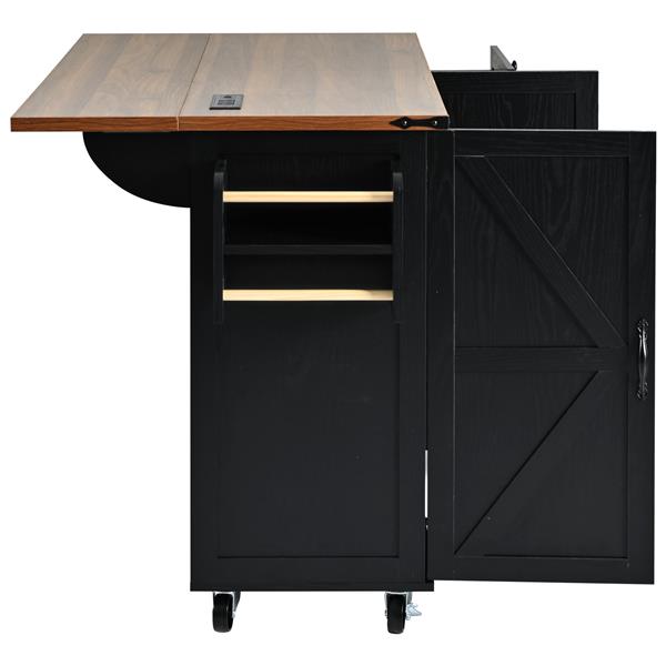 54.5" Farmhouse Kitchen Island with Power Outlet, Kitchen Storage Island  with Internal Storage Rack, Drop Leaf, Spice Rack, Rolling Kitchen Cart on Wheels, for Home, Kitchen and Dining Room,Black