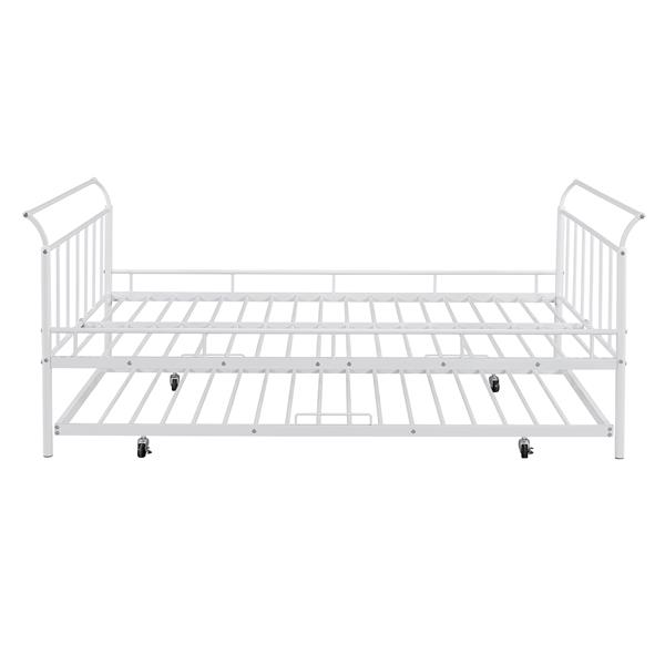 Full Size Metal Daybed with Curved Handle Design and Twin Size Trundle, White