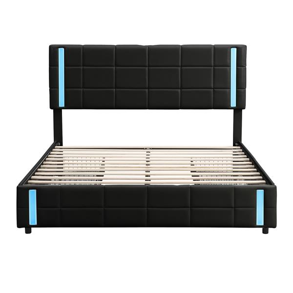 Queen Size Upholstered Platform Bed with LED Lights and USB Charging, Storage Bed with 4 Drawers, Black