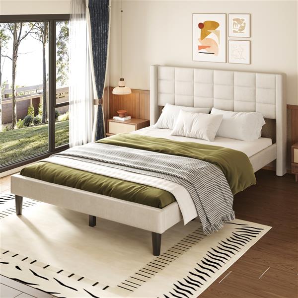 Queen Size Upholstered Platform Bed with Support Legs, Beige