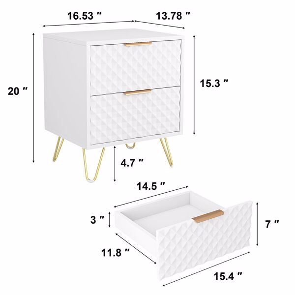 White Nightstand,Luxury Carving Board 2-Drawer Night Stand Bed Side Table with Metal Legs, 20" Tall Wood Night for Bedroom, Living Room, Lounge (1 Pack) 