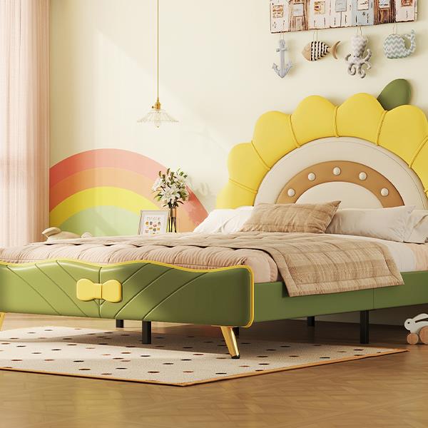 Full Size Upholstered Platform Bed with Sunflower Shaped Headboard, Green