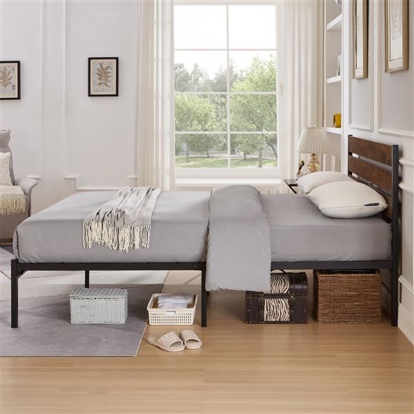 Queen Size Bed Frame with Wood Headboard, Metal Frame with Strong Slats, Noise Free,No Box Spring Needed-Brown