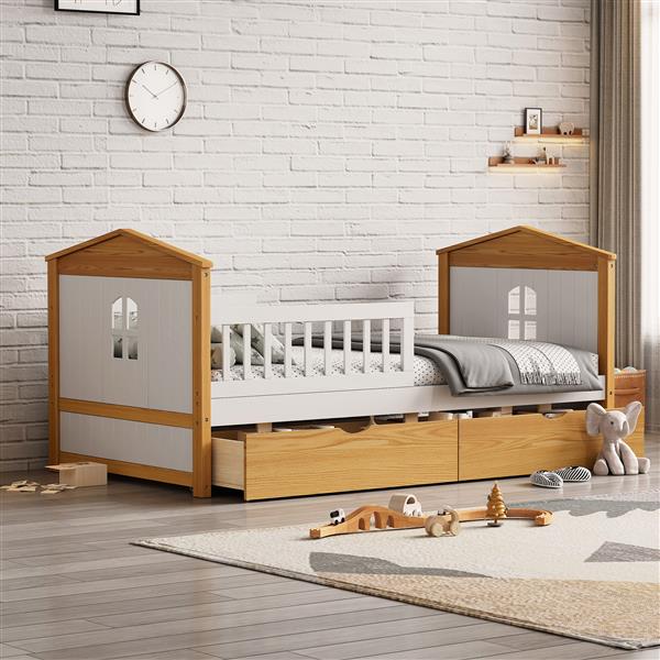 Twin Size House Shape Bed with  Two Drawers Wooden Bed for Girls Boys Teens, No Box Spring Needed, Walnut and White