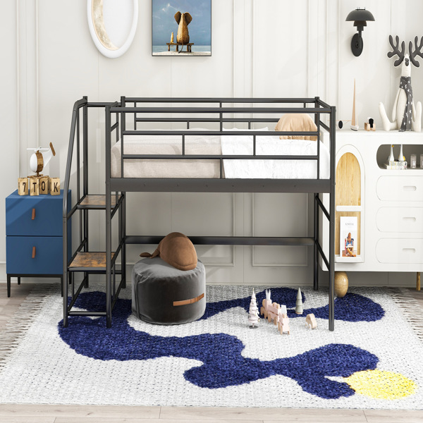 Mid Loft Bed with Storage stairs, Twin, Black