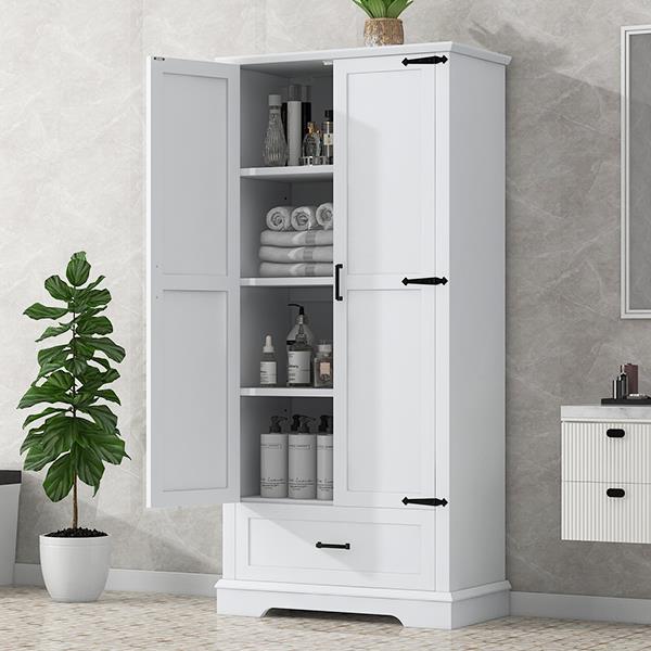 Tall Bathroom Storage Cabinet, Cabinet with Two Doors and One Drawer, Adjustable Shelf, MDF Board, White