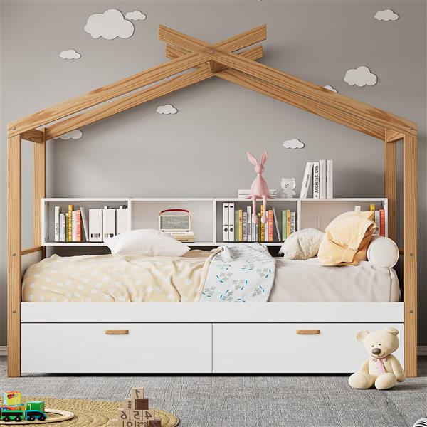 White Full Size Wooden House Bed Original Wood Colored Frame with Two Drawers and Bookshelf Storage Space for Children or Guest Room