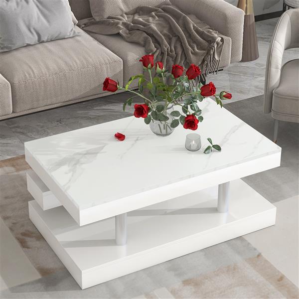 [VIDEO provided] Modern 2-Tier Coffee Table with Silver Metal Legs, Rectangle Cocktail Table with High-gloss UV Surface, Minimalist Design Center Table for Living Room, White