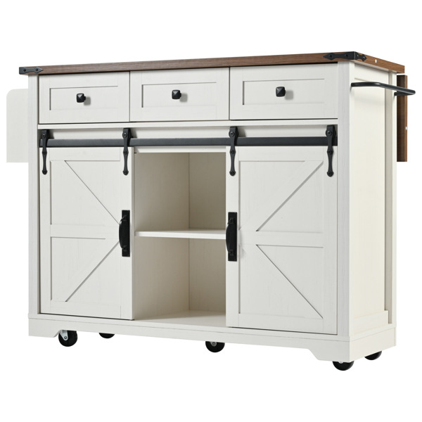  53.7" Farmhouse Kitchen Island with Power Outlet, 2 Sliding Barn Door Kitchen Storage Island with Drop Leaf, Spice Rack Rolling Kitchen Cart on Wheels, for Home, Kitchen and Dining Room, White