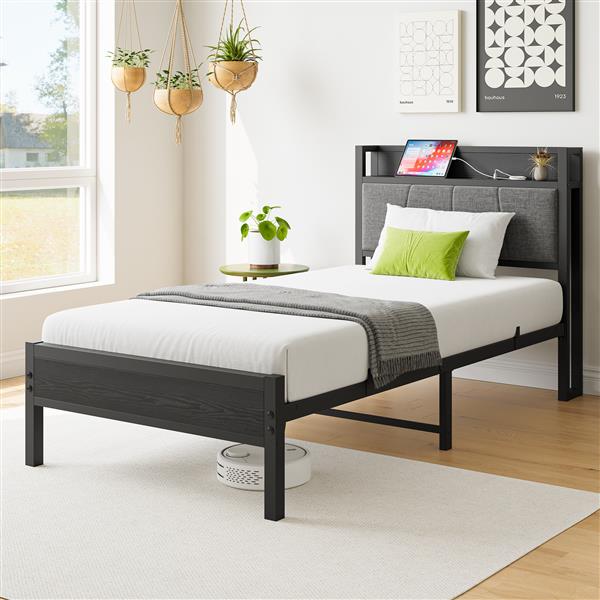 Twin Size Bed Frame, Storage Headboard with Charging Station, Solid and Stable, Noise Free, No Box Spring Needed, Easy Assembly