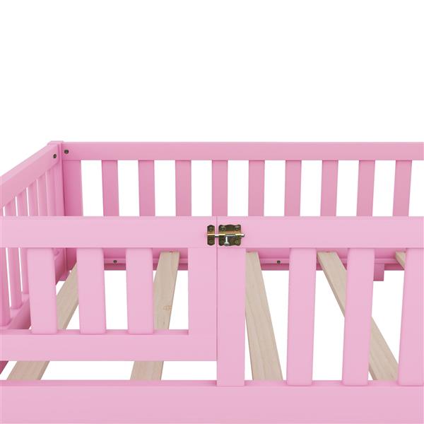 Twin Size Bed Floor Bed with Safety Guardrails and Door for Kids, Pink