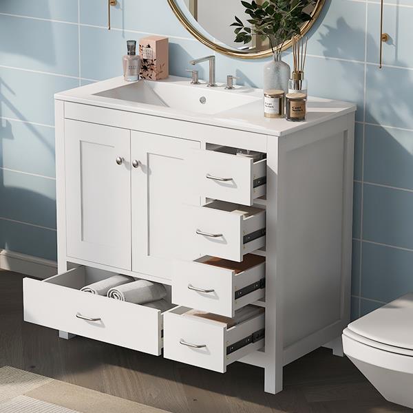 36" White Bathroom Vanity with Ceramic Sink Combo, Abundant Storage Cabinet -2 Soft-close doors and 5 drawers