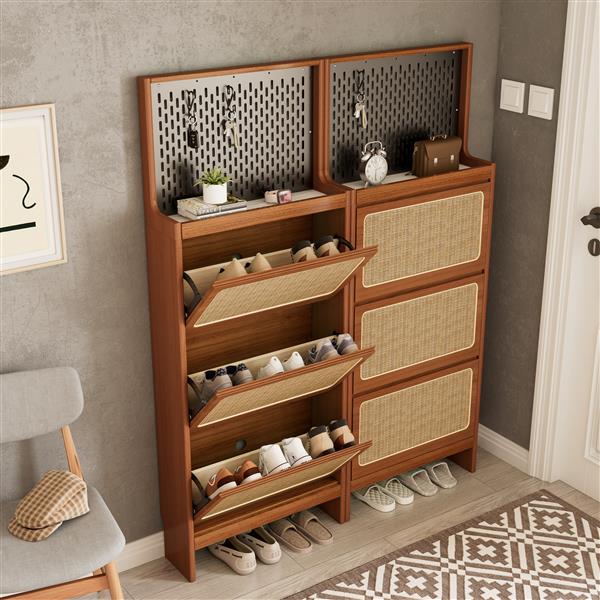 Rattan Shoe Cabinet for Entryway, Free Standing Shoe Rack with 3 Flip Drawers & Black Pegboard, Hidden Narrow Shoe Cabinet for Entrance Hallway, 24.88"W x 7.88" D x 65"H