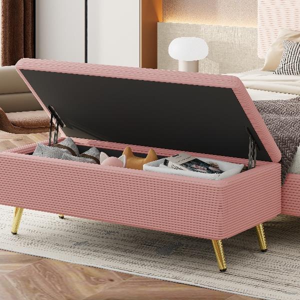 Modern Corduroy Upholstered Ottoman with Metal Legs, Storage Bench for Bedroom,Living Room,Pink