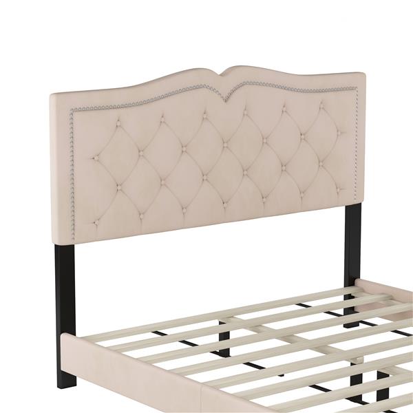 Queen Size Upholstered Bed Frame with Rivet Design, Modern Velvet Platform Bed with Tufted Headboard,Beige