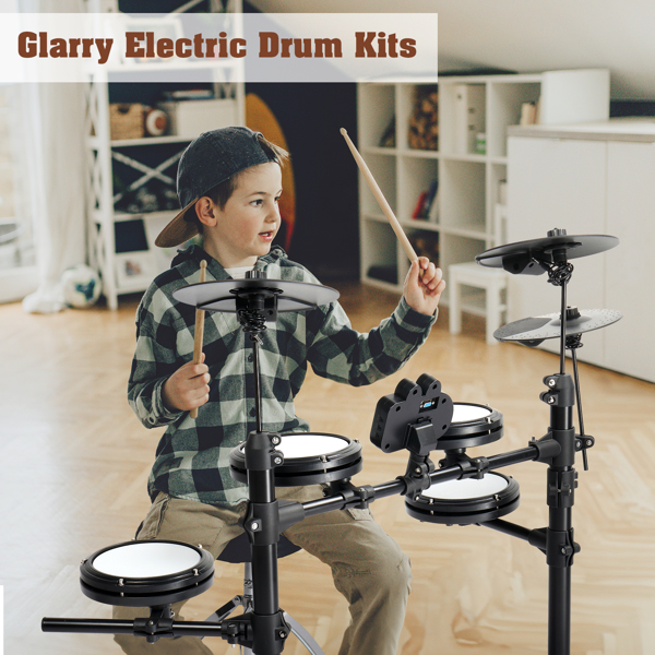 【Do Not Sell on Amazon】Glarry Electronic Drum Set for Beginner with 4 x 7in Drum Pads, 3x 10in Cymbals, 150 Sounds, Drum Module, Headphones, Drumsticks