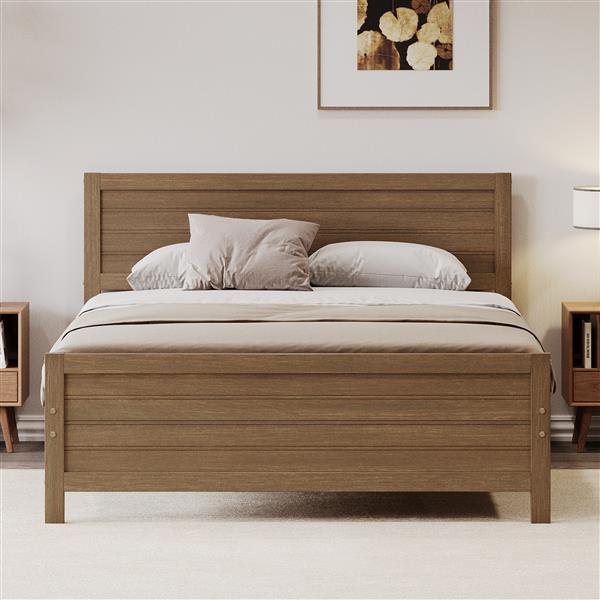 Wood Platform Bed Frame with Headboard, Mattress Foundation with Wood Slat Support, No Box Spring Needed, Queen Size, Walnut