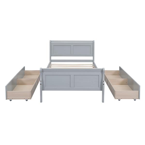 Twin Size Wood Platform Bed with 4 Drawers and Streamlined Headboard & Footboard, Gray