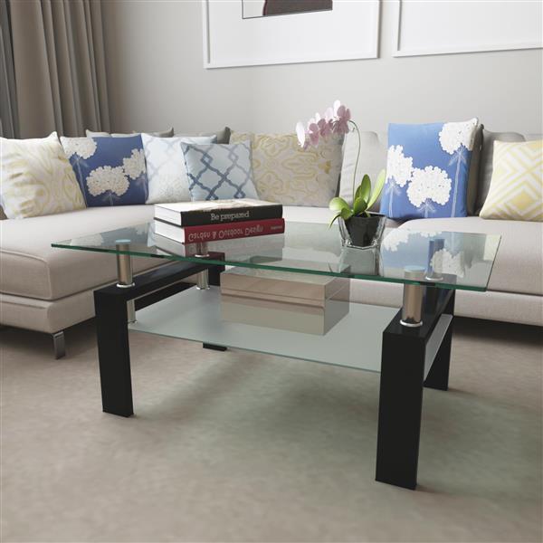 Rectangle Black Glass Coffee Table, Clear Coffee Table, Modern Side Center Tables for Living Room, Living Room Furniture