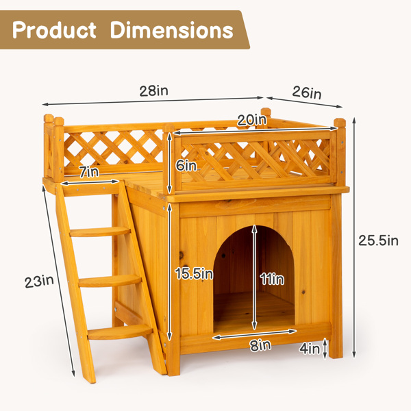 2-Story Wooden Feral Cat House Dog House for Outdoor and Indoor, Pet House with Stairs, Yellow