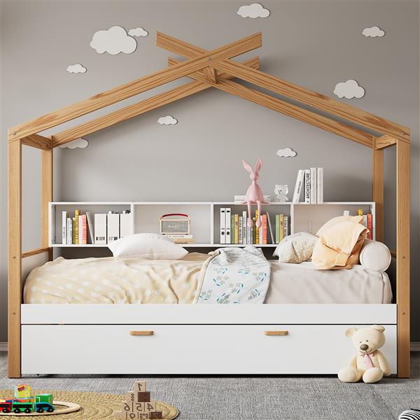 White Twin Size Wooden House Bed with Original Wood Colored Frame Twin Size Trundle and Bookshelf Storage Space for Children or Guest Room