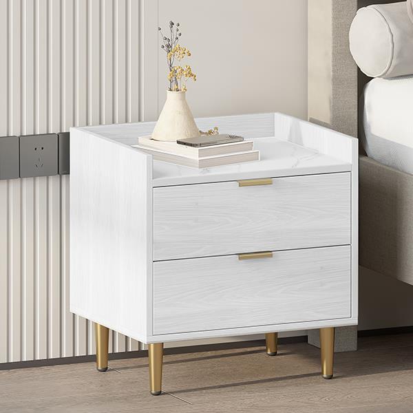 Wooden Nightstand with 2 Drawers and Marbling Worktop, Mordern Wood Bedside Table with Metal Legs&Handles,White