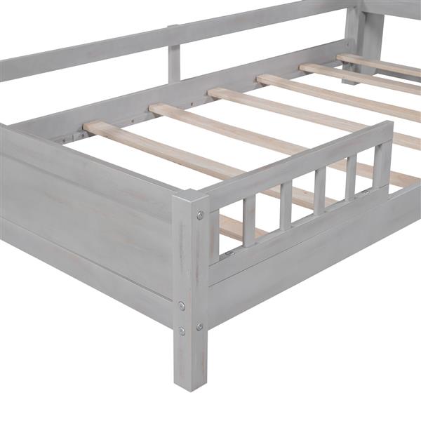 Wood Twin Size Platform Bed with Built-in LED Light, Storage Headboard and Guardrail, Antique Grey