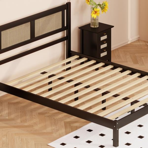 Full Size Wooden Platform Bed with Natural Rattan Headboard, Exquisite Elegance with Minimalist Charm for Bedroom, Black