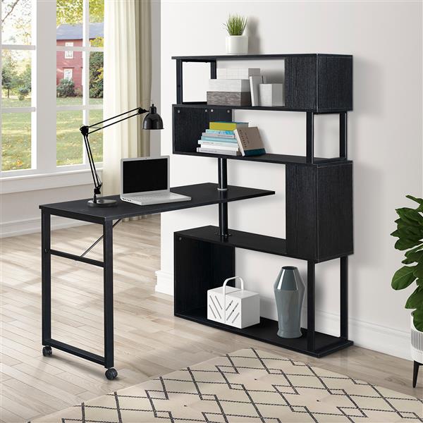 Home Office Computer Desk L-Shaped Corner Table, Rotating Computer Table with 5-Tier Bookshelf, Four Installation Methods, Lockable Casters (Black)