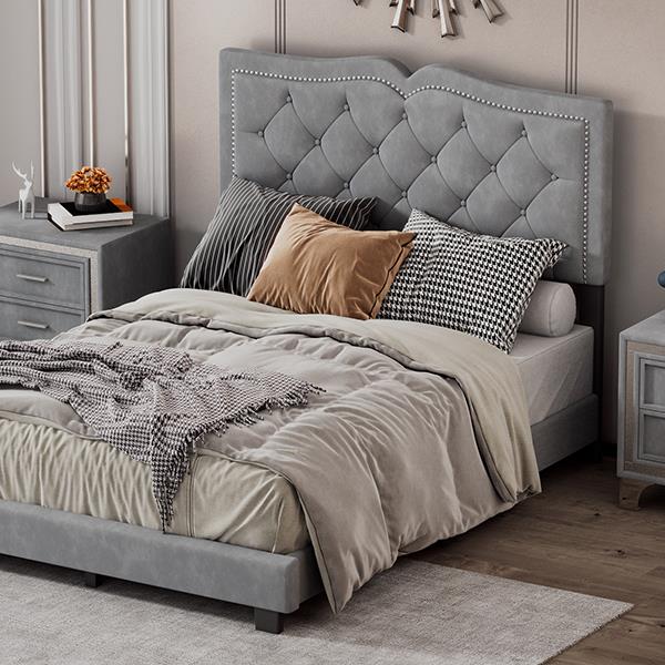 Full Size Upholstered Bed Frame with Rivet Design, Modern Velvet Platform Bed with Tufted Headboard,Gray