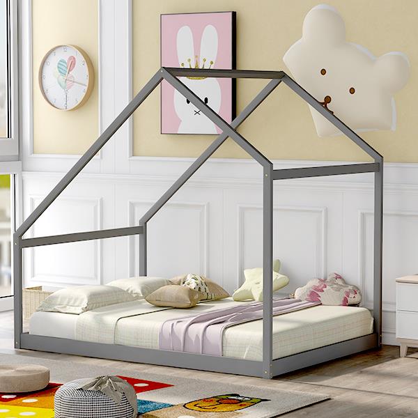 Full Size Wooden House Bed, Gray